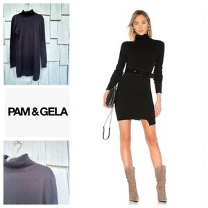 PAM & GELA Destroyed Wool Cashmere Turtle Neck Sweater Dress Black Size M